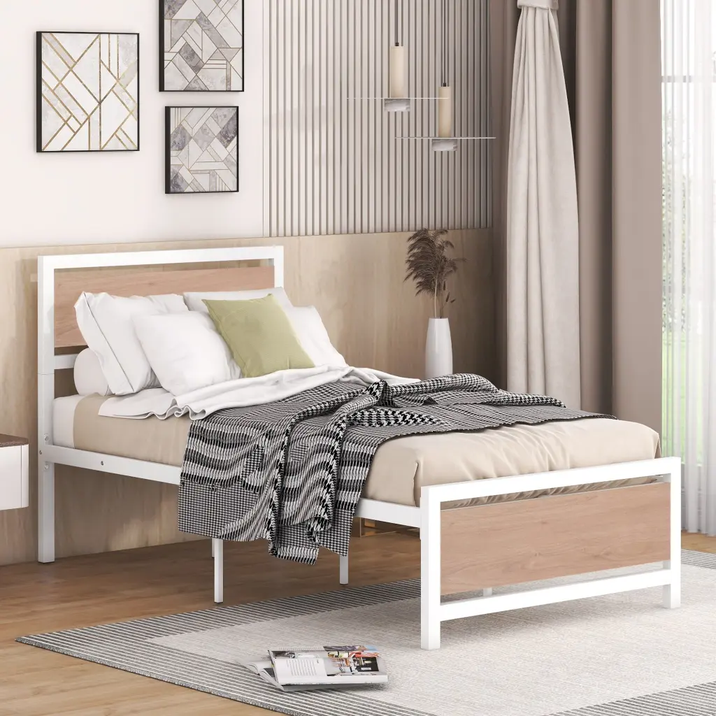 Twin Size Platform Bed Metal And Wood Bed Frame Headboard And Footboard lucky world