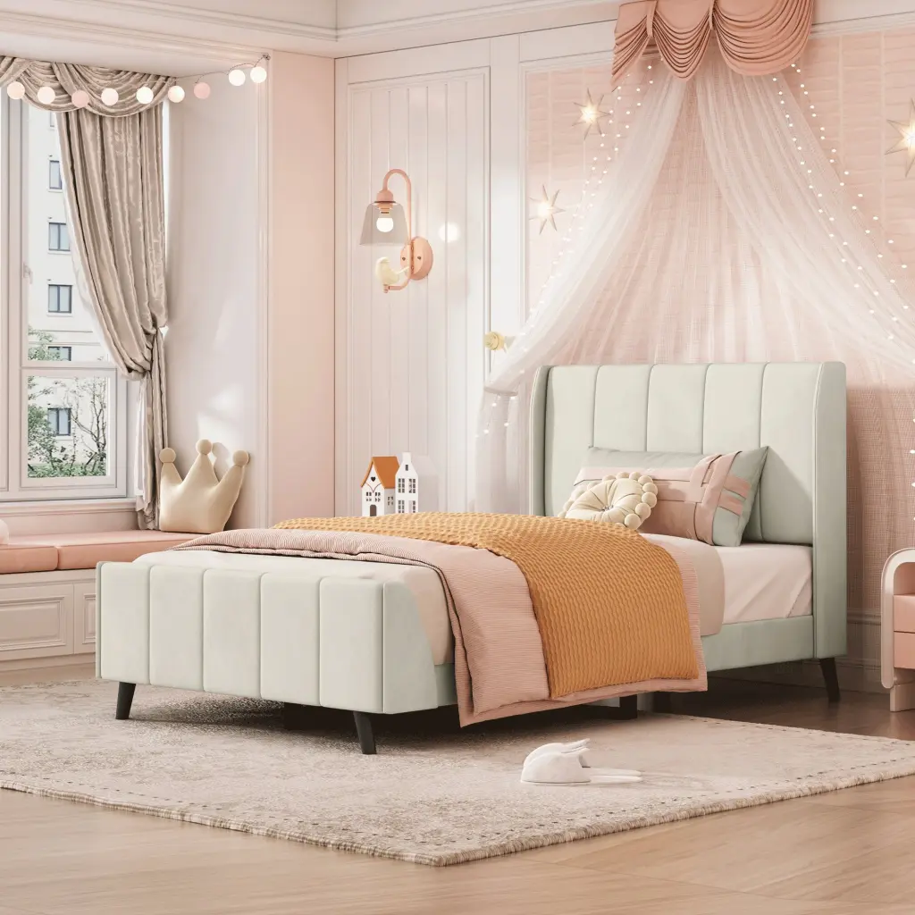 Twin Size Upholstered Platform Bed Velvet Beige Upholstered Bed Frame lucky world