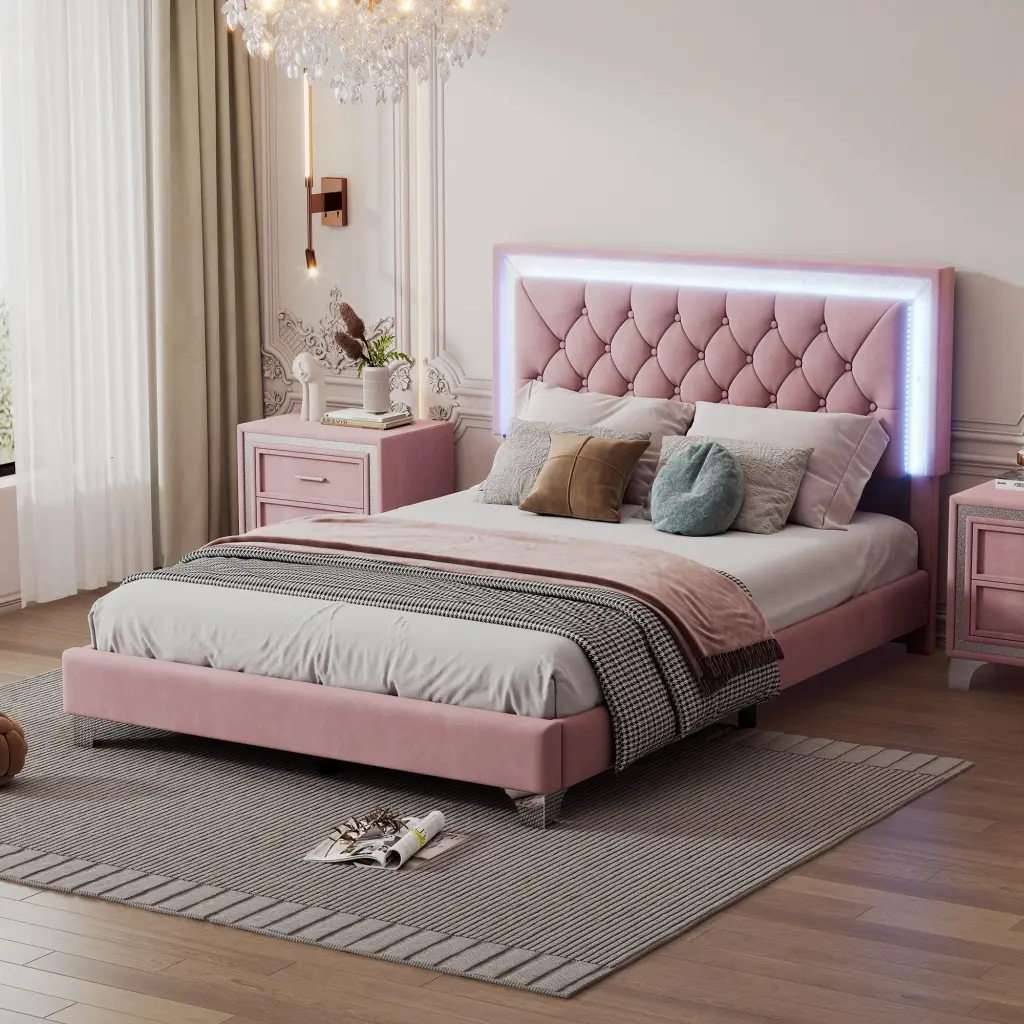 Full Size Upholstered Bed Frame LED Lights Modern Velvet Platform Bed rnb