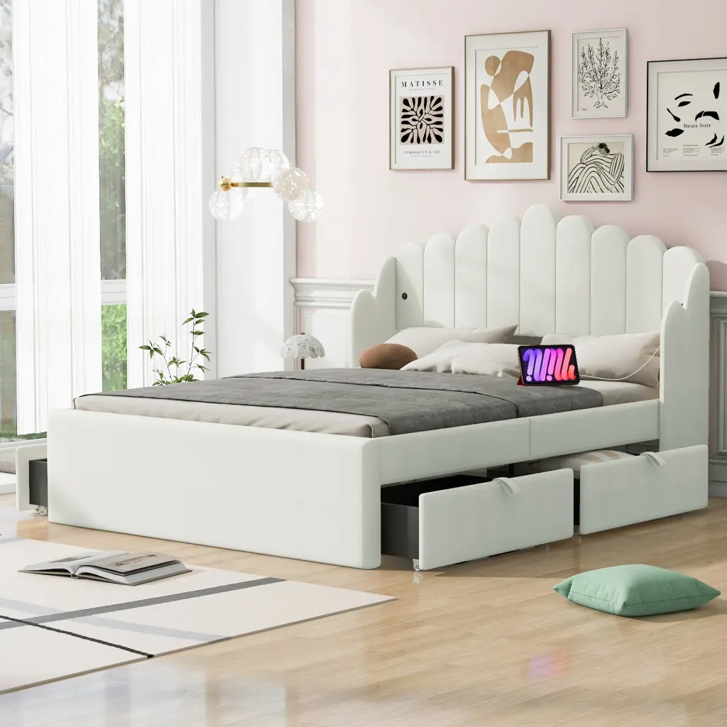 Full Size Upholstered Platform Bed 4 Drawers And 2 USB Beige Box Storage Bed Frame wm dreamland