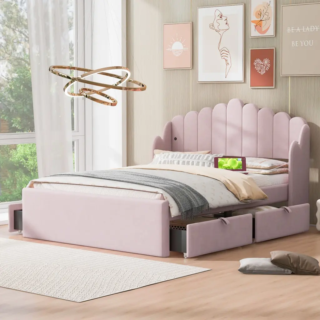 Full Size Upholstered Platform Bed 4 Drawers And 2 USB Ports Pink wm dreamland