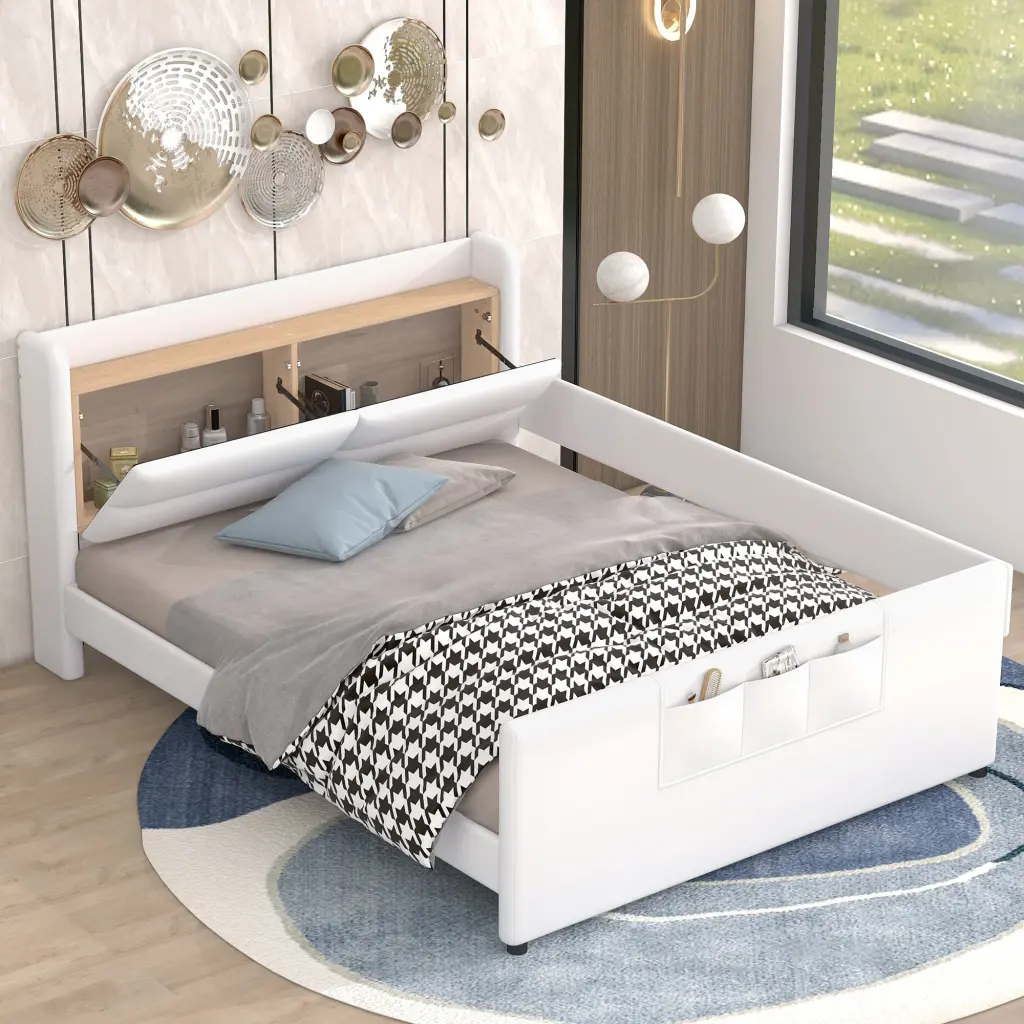 Full Size Upholstered Platform Bed Guardrail and Storage Headboard wm dreamland