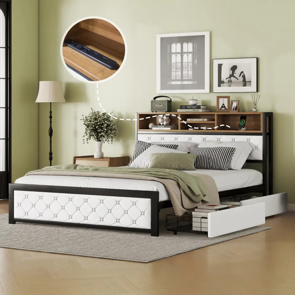 Metal Queen Size Platform Bed 4 Drawers Upholstered Headboard Modern Bed Frame wm dreamland