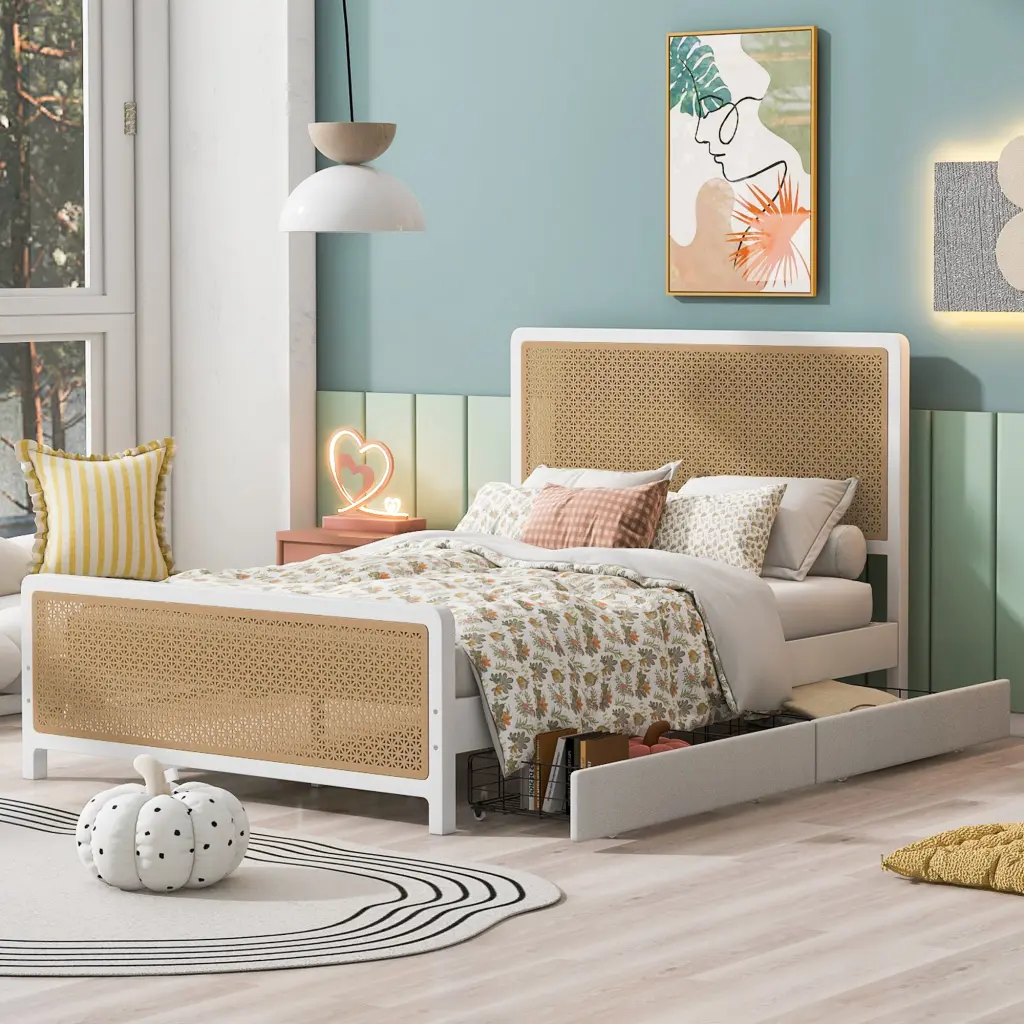 Queen Size Metal Platform Bed 2 Drawers White - No Box Spring Required Modern Bed Frame wm dreamland