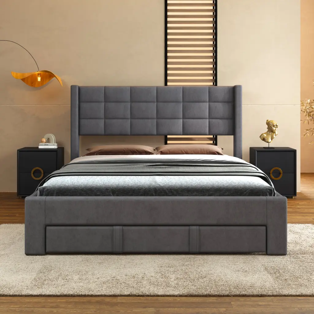 Queen Size Upholstered Platform Bed Big Drawer Gray Box Spring Alternative wm dreamland
