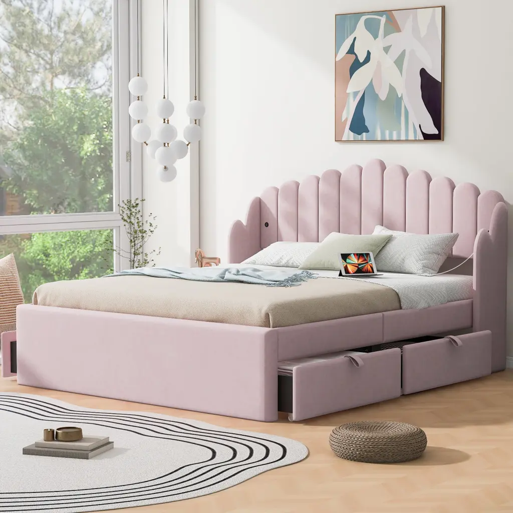 Queen Size Upholstered Platform Bed 4 Drawers And 2 Usb Pink wm dreamland