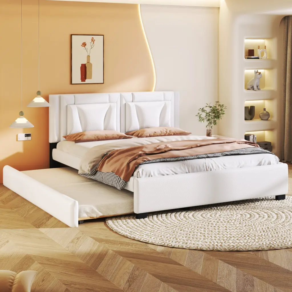 Queen Size Upholstered Platform Bed Headboard And Twin Size Trundle wm dreamland