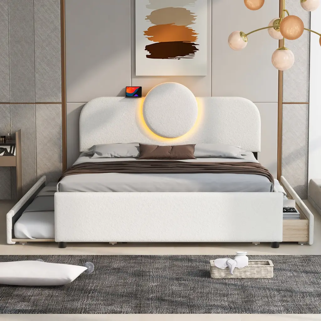 Queen Size Upholstered Platform Bed Multi Practical Headboard Modern Bed Frame wm dreamland