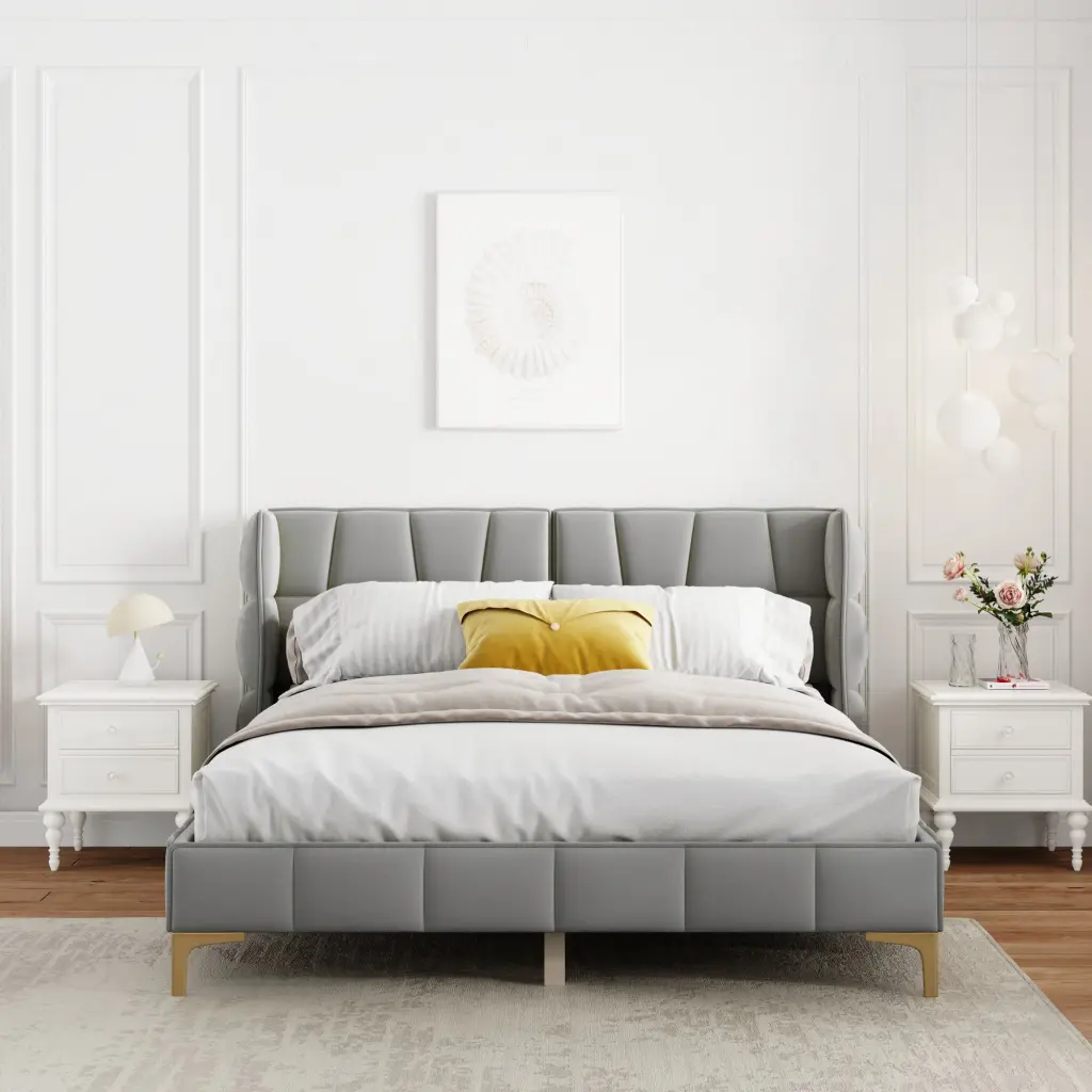 Queen Size Upholstered Velvet Platform Bed Gray No Box Spring Required wm dreamland