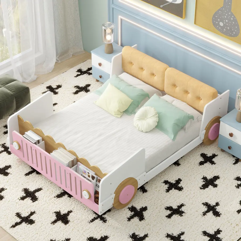 Full Size Car Influenced Platform Bed Soft Cushion And Shelves On Side wm store