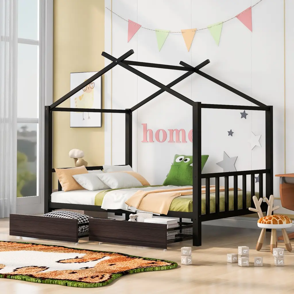 Full Size Metal Houtilize Platform Bed Two Drawers and Headboard wm store