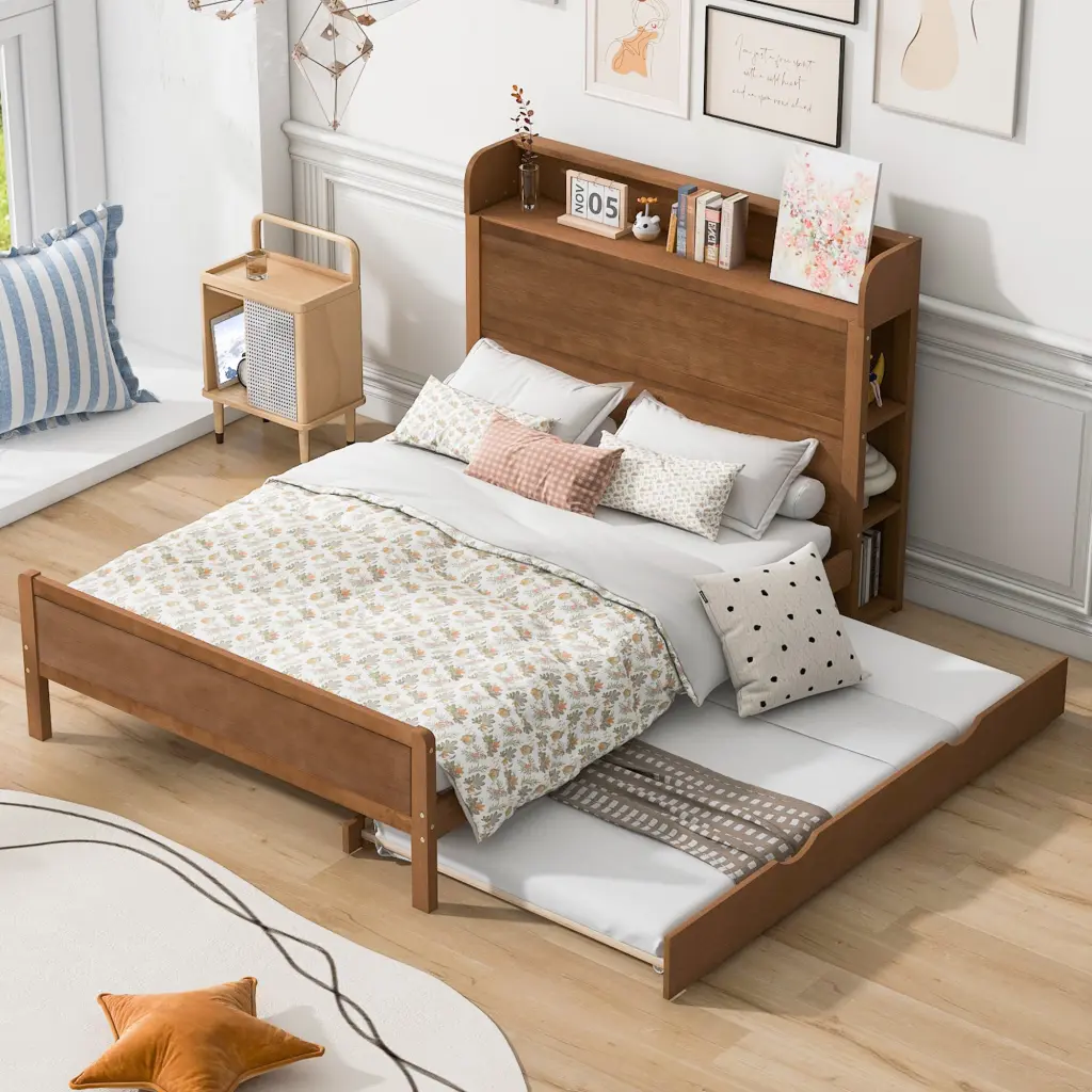 Full Size Platform Bed Storage Headboard and Twin Size Trundle wm store