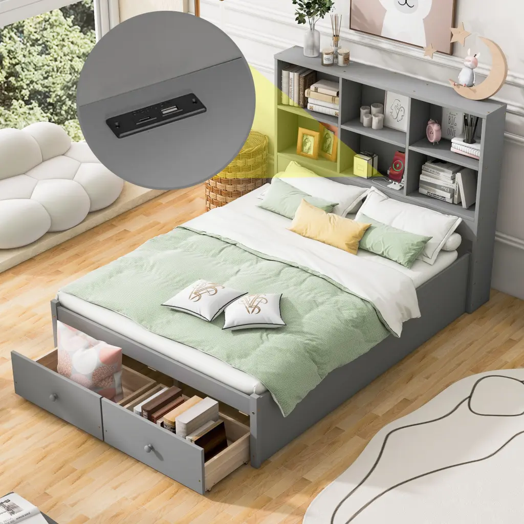 Full Size Platform Bed Storage Headboard and Charging Station wm store