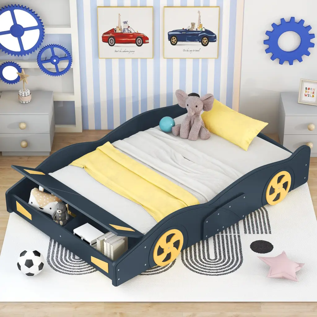 Full Size Race Car Influenced Platform Bed Wheels And Storage Dark Brown wm store