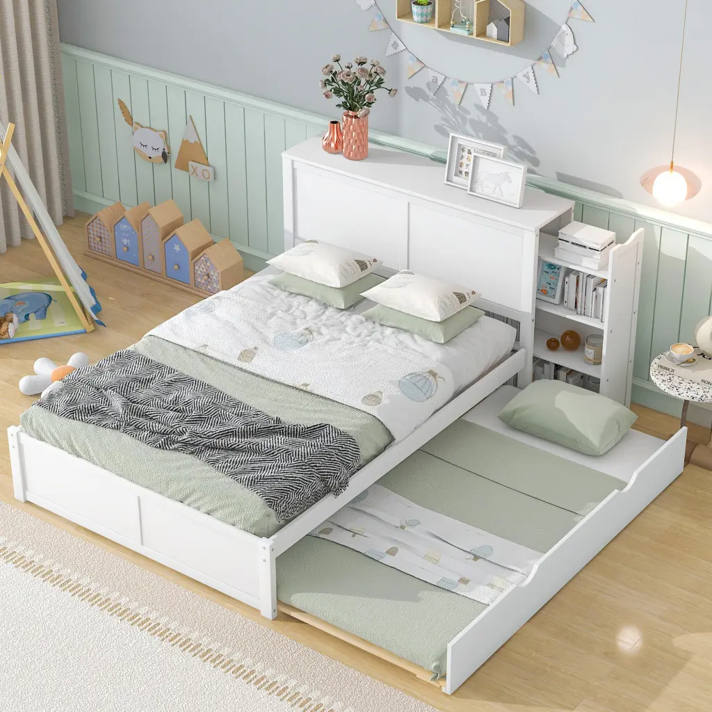 Full Size Storage Platform Bed Pull Out Shelves and Twin Size Trundle wm store