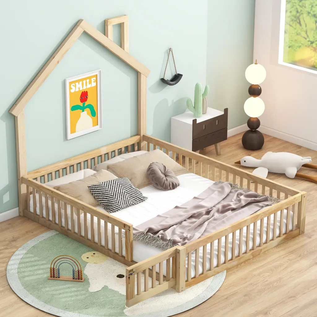 Full Size Wood Platform Bed Guardrail Natural Box Spring Alternative Sturdy Frame wm store