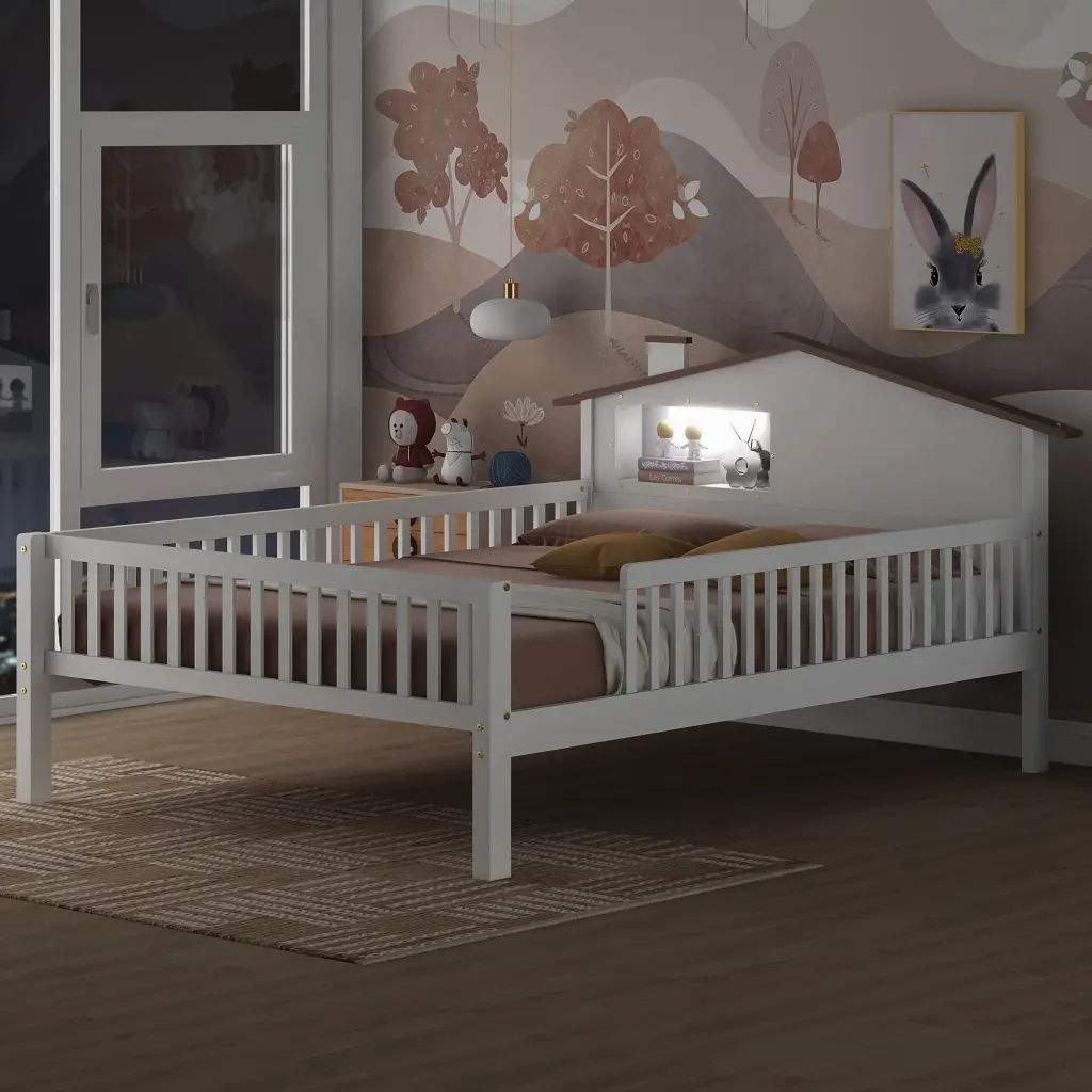 Full Size Wood Platform Bed Houli Inspired Headboard LED Lighting wm store