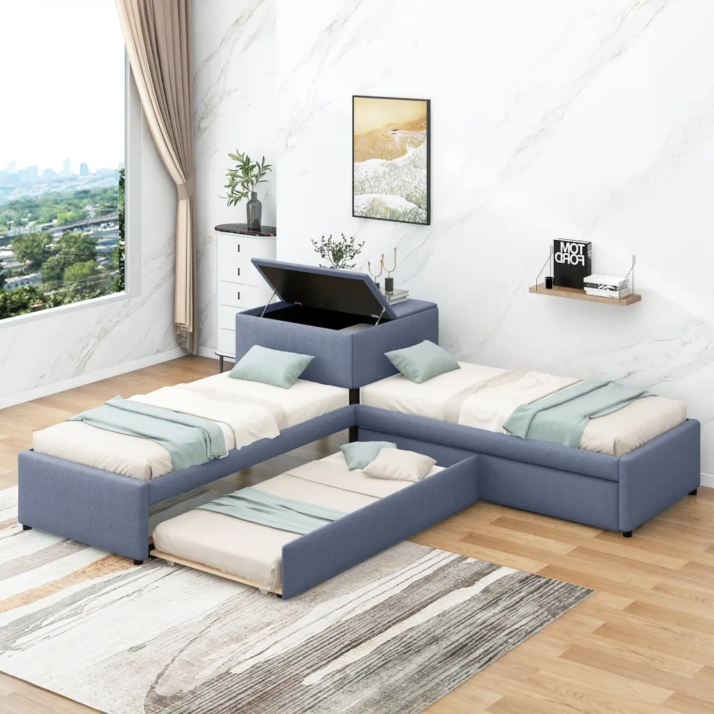 L Influenced Upholstered Platform Bed Trundle And Two Drawers Linked Bedroom Set wm store
