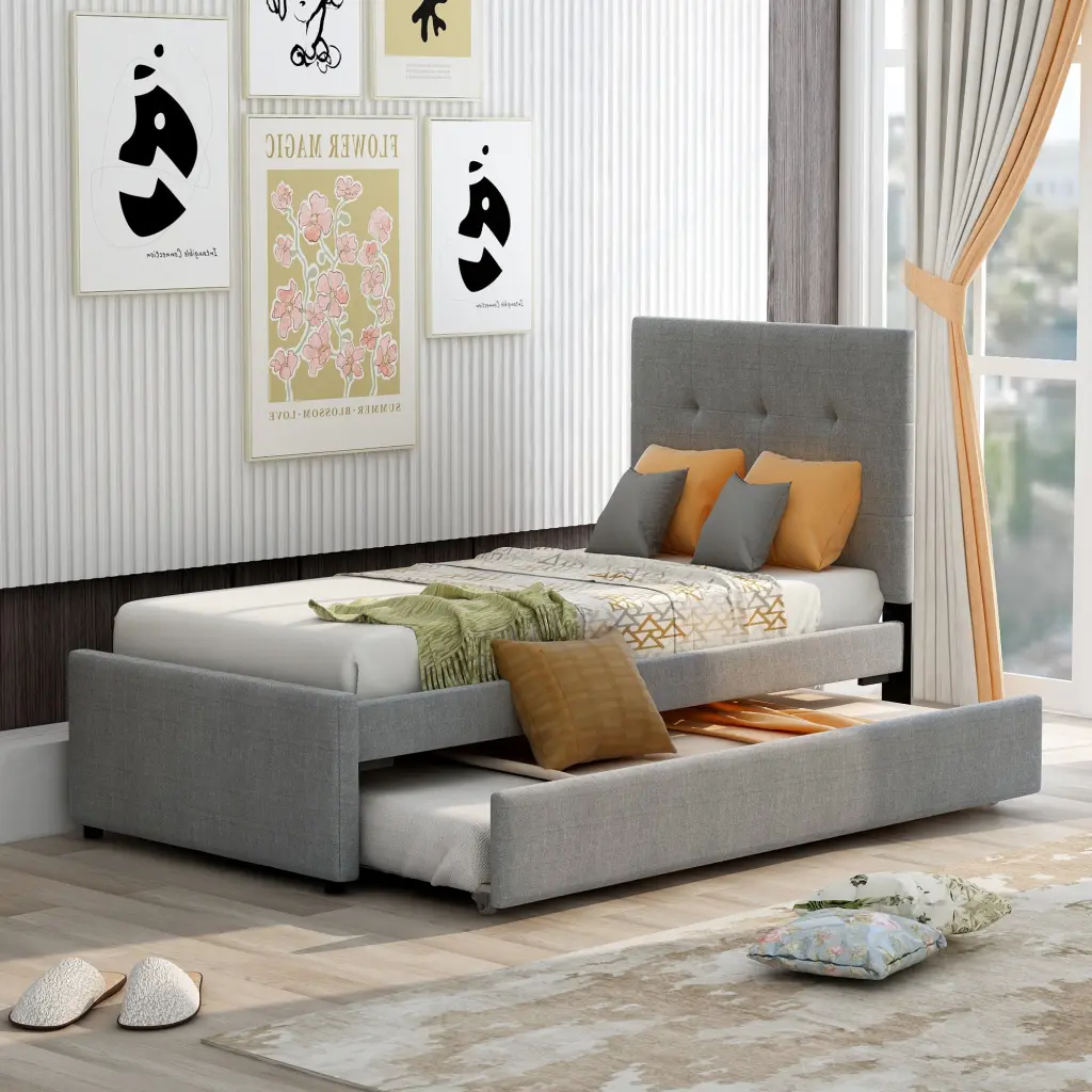 Linen Upholstered Platform Bed Headboard and Trundle Twin Size - Old School Design wm store
