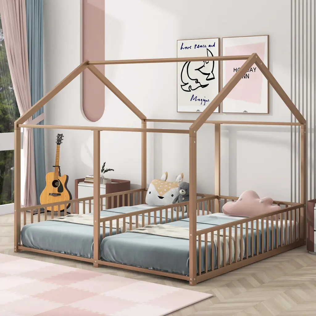 Metal Twin Size Houtilize Platform Beds Two Shared Beds Gold Box Spring wm store