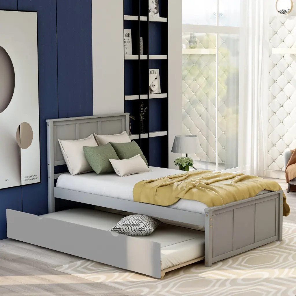 Platform Bed Twin Size Trundle Twin Size Frame Gray Pine wm store