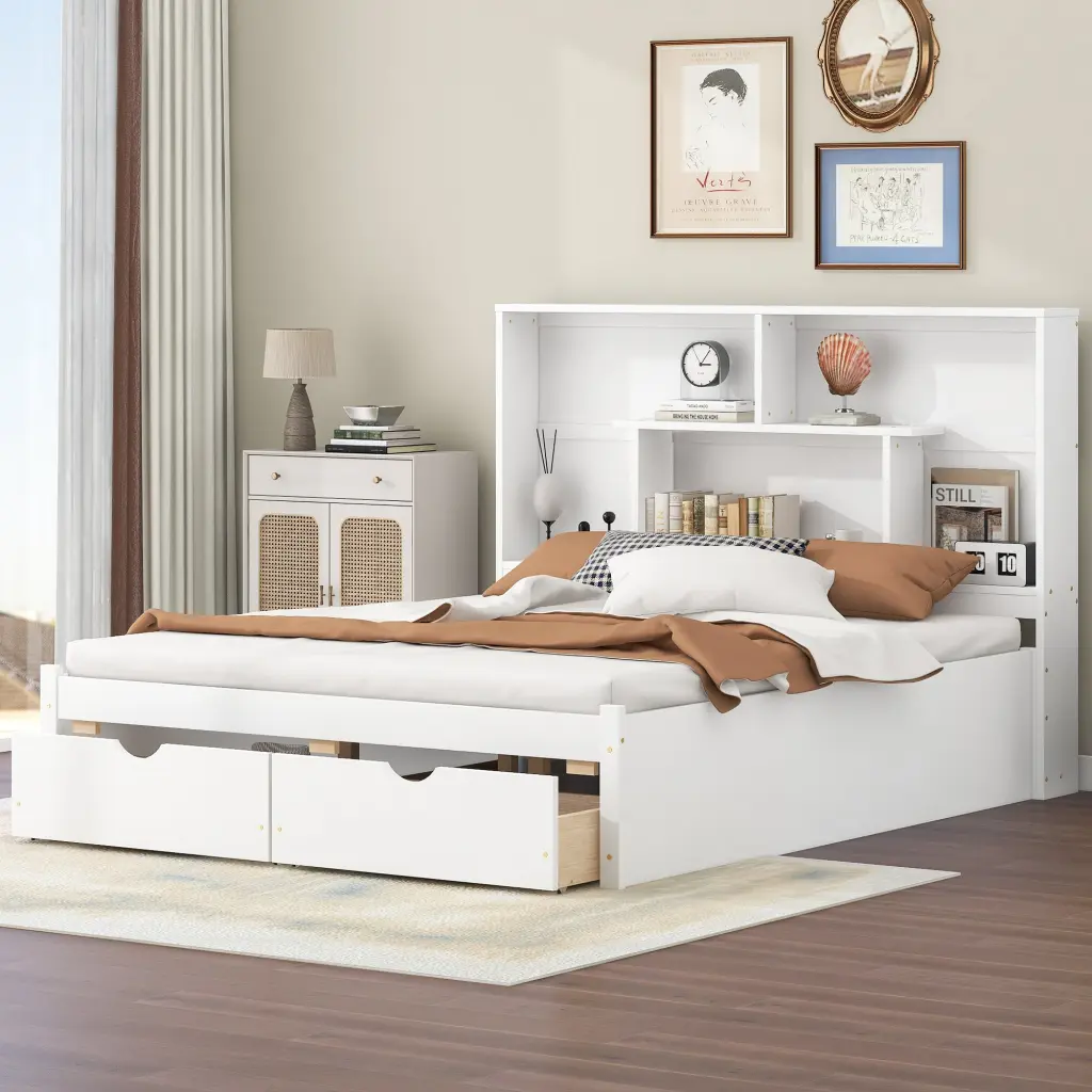 Queen Size Platform Bed Storage Headboard And 2 Drawers White wm store