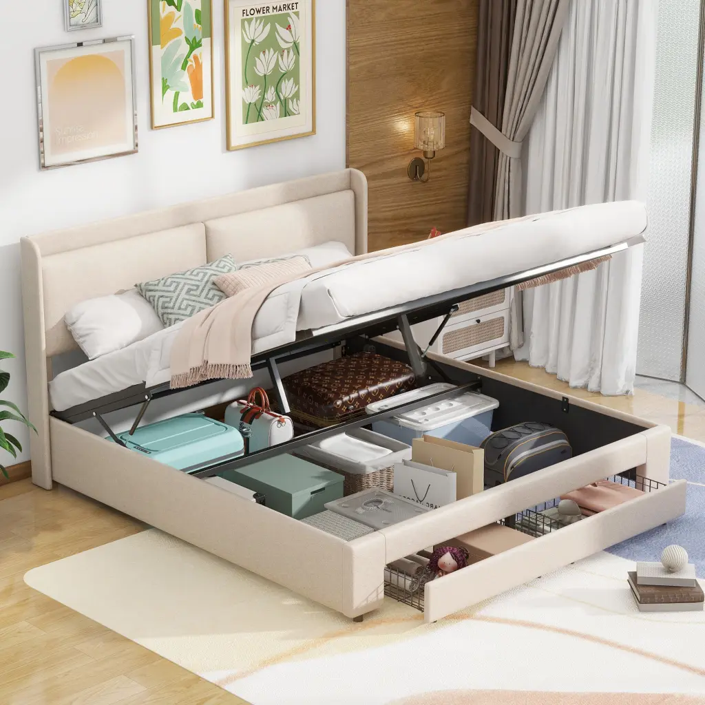Queen Size Storage Upholstered Hydraulic Platform Bed 2 Drawers wm store
