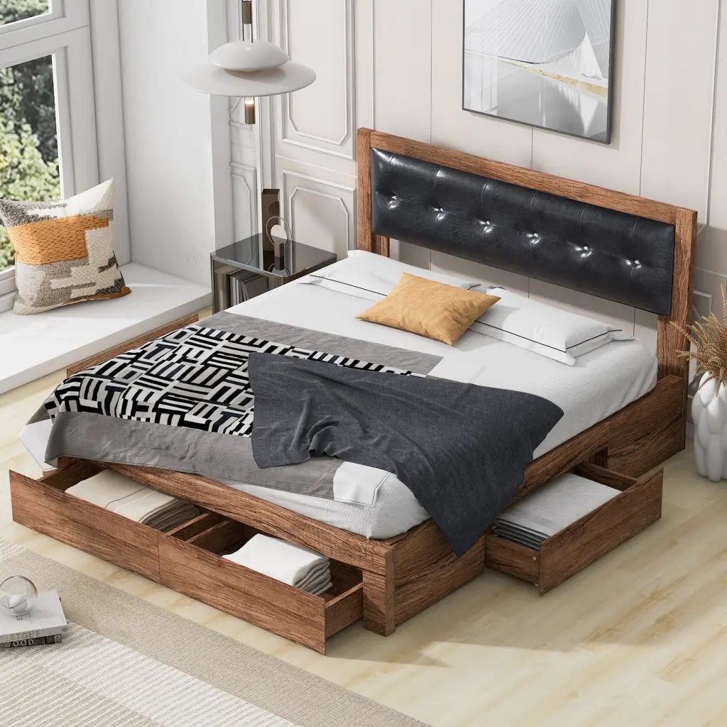 Queen Size Wood Platform Bed Upholstered Headboard And 4 Drawers wm store
