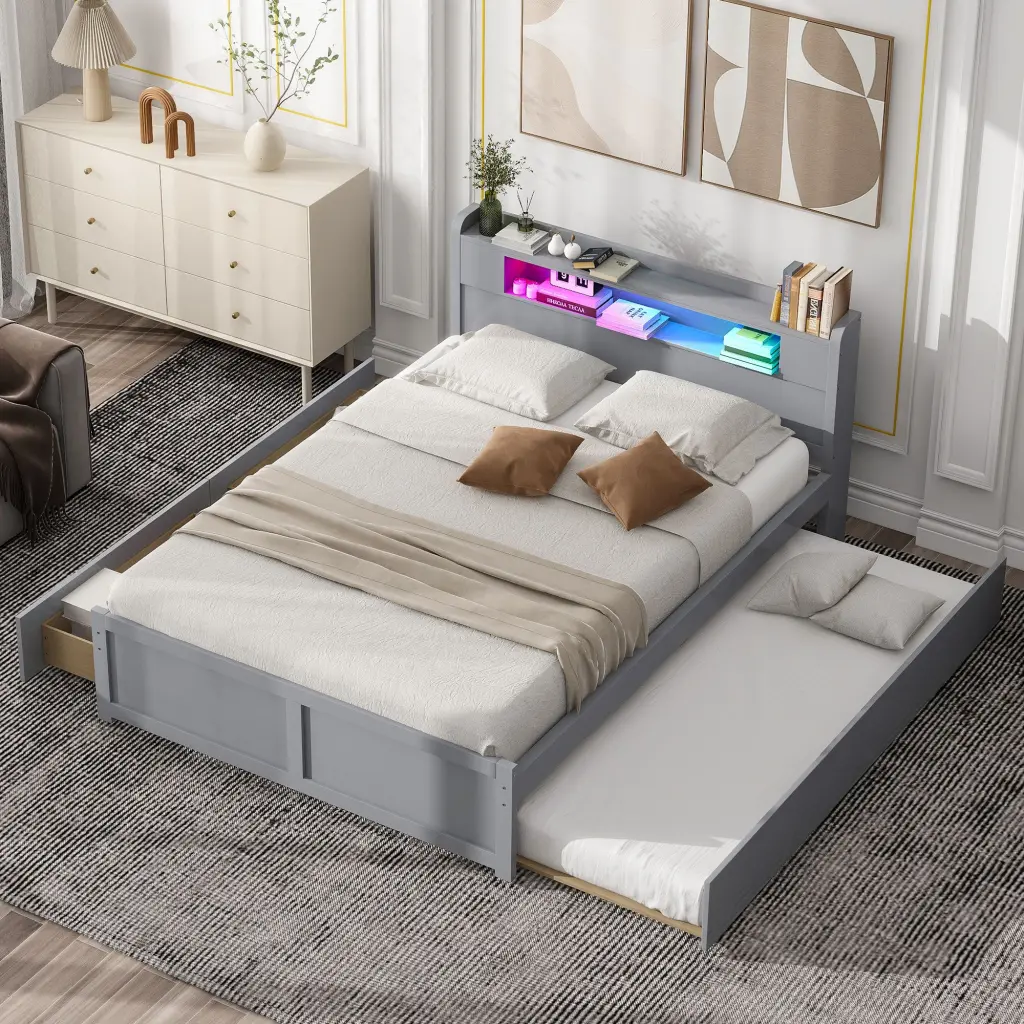 Queen Size Wood Storage Platform Bed LED 2 Drawers and Twin Side wm store