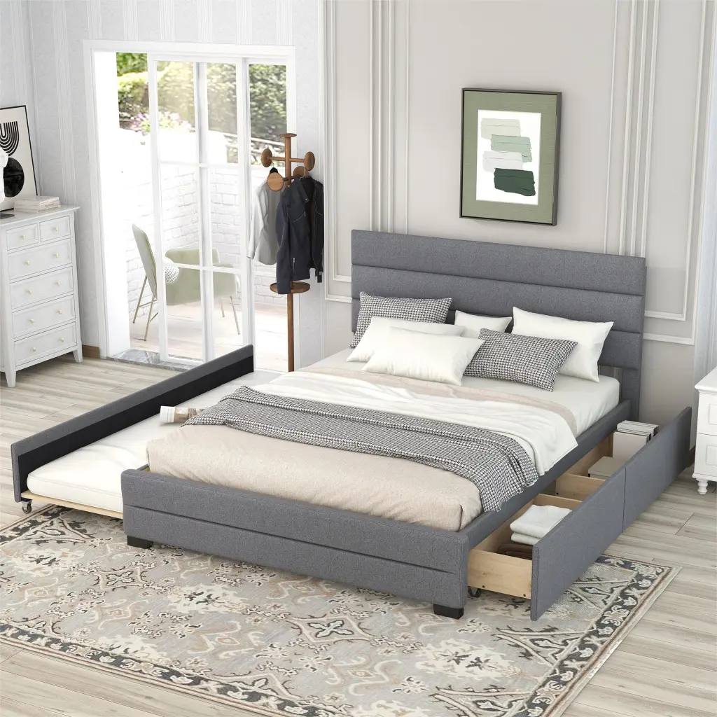 Queen Upholstered Platform Bed Twin Trundle And Two Drawers Storage wm store