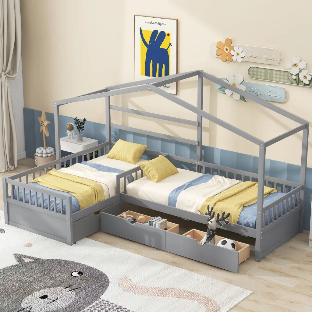 Twin Size Gray Platform Bed Three Storage Drawers and Box Spring Support wm store
