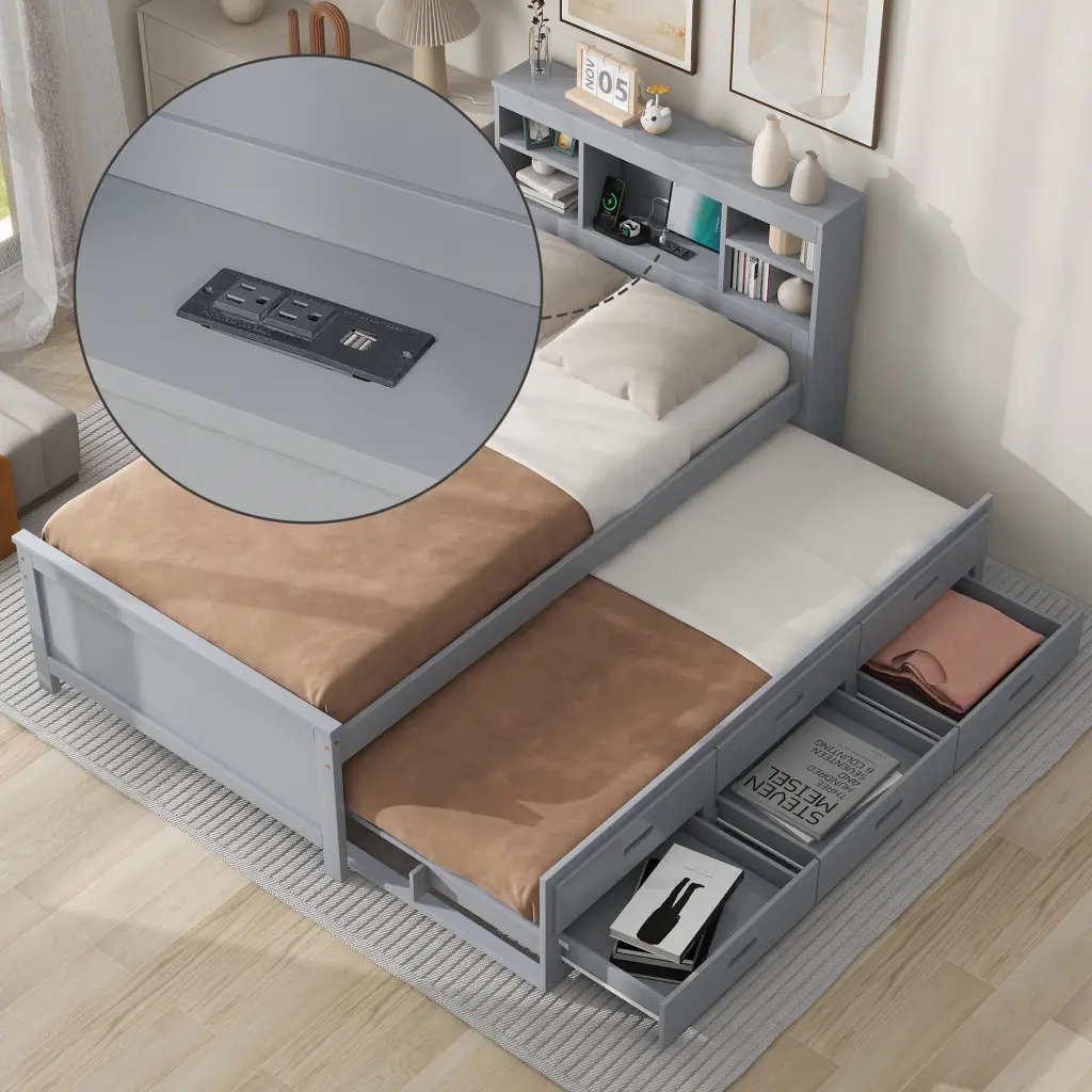 Twin Size Platform Bed Storage Headboard, USB, Twin Size Trundle wm store