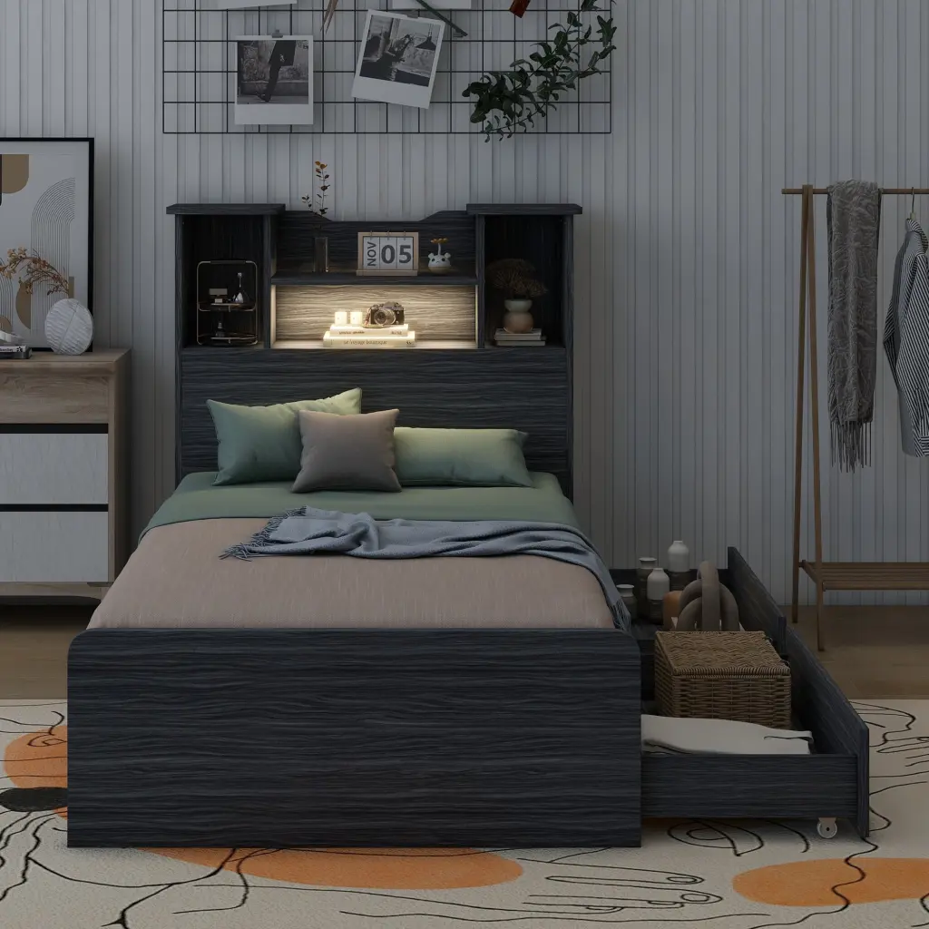 Twin Size Storage Platform Bed Frame 4 Open Shelves wm store