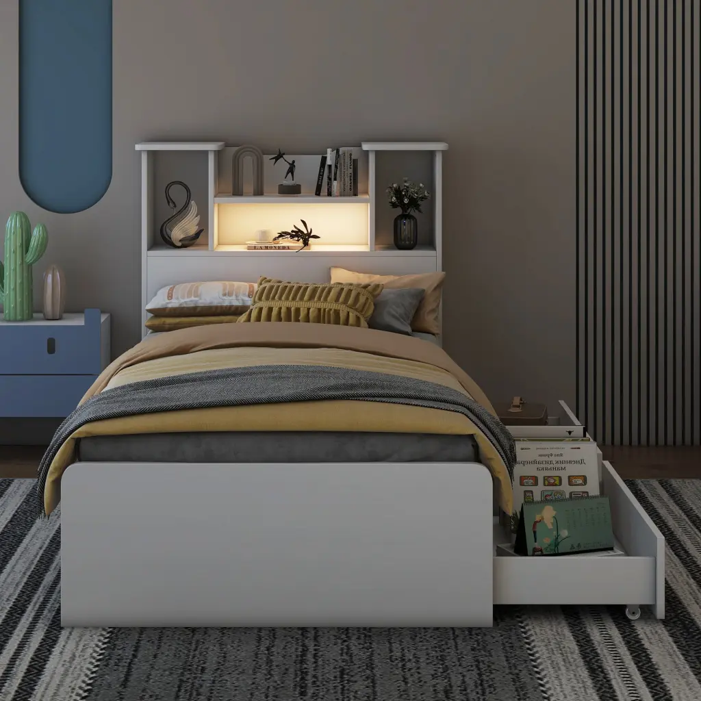 Twin Size Storage Platform Bed Frame 4 Open Storage Shelves And 2 Drawers wm store