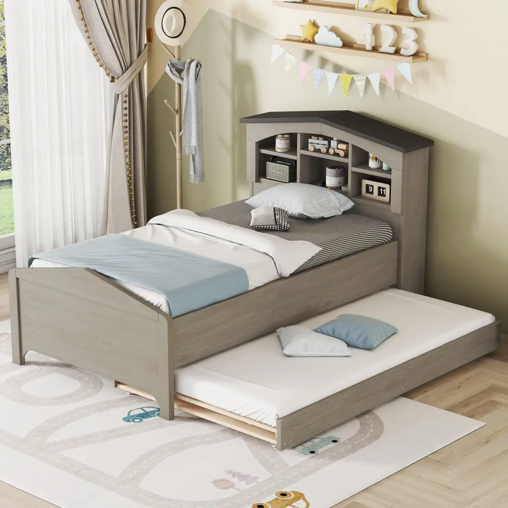 Twin Size Wood Platform Bed Storage Headboard And Trundle wm store