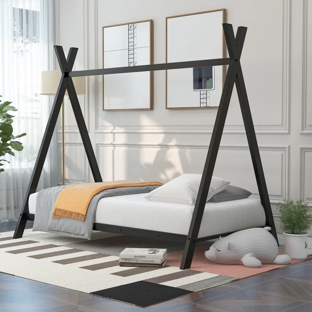 Houtilize Bed Tent Bed Frame Twin Size Metal Floor Play Tent Slats lucky furniture