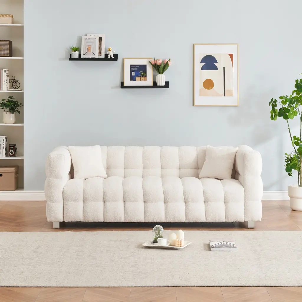 Beige White Teddy Plush Sofa 80 Inch Comfortable Living Room Couch ylf fff