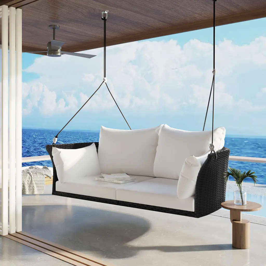 51.9 Inch 2 Person Hanging Seat Rattan Woven Swing Chair Porch Swing go