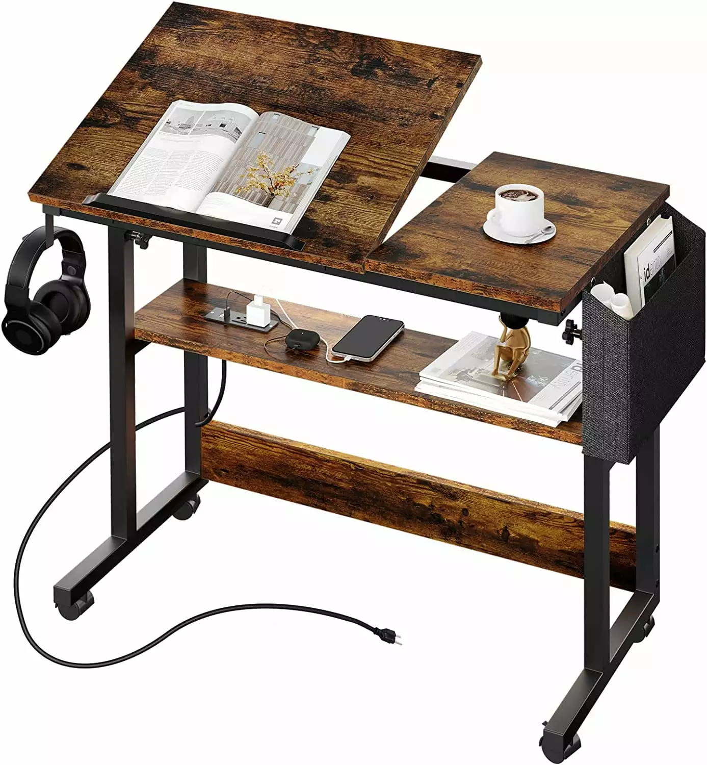 DWVO Portable Desk Charging Station Height Adjustable Laptop Table Wheels Small Standing Rolling Computer Desk Tiltable Ta...