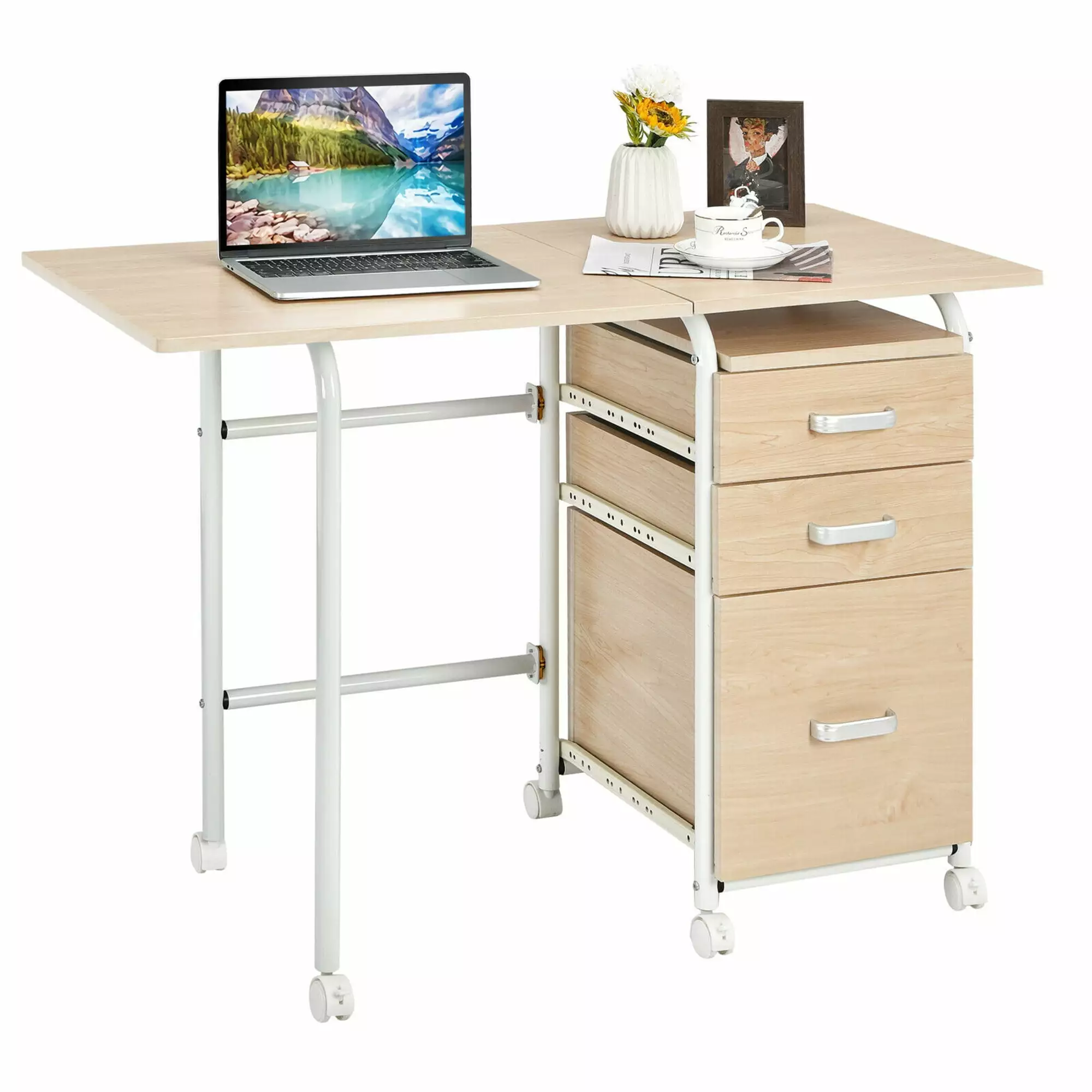 Gymax Folding Computer Laptop Desk Wheeled Home Office Furniture 3 Drawers