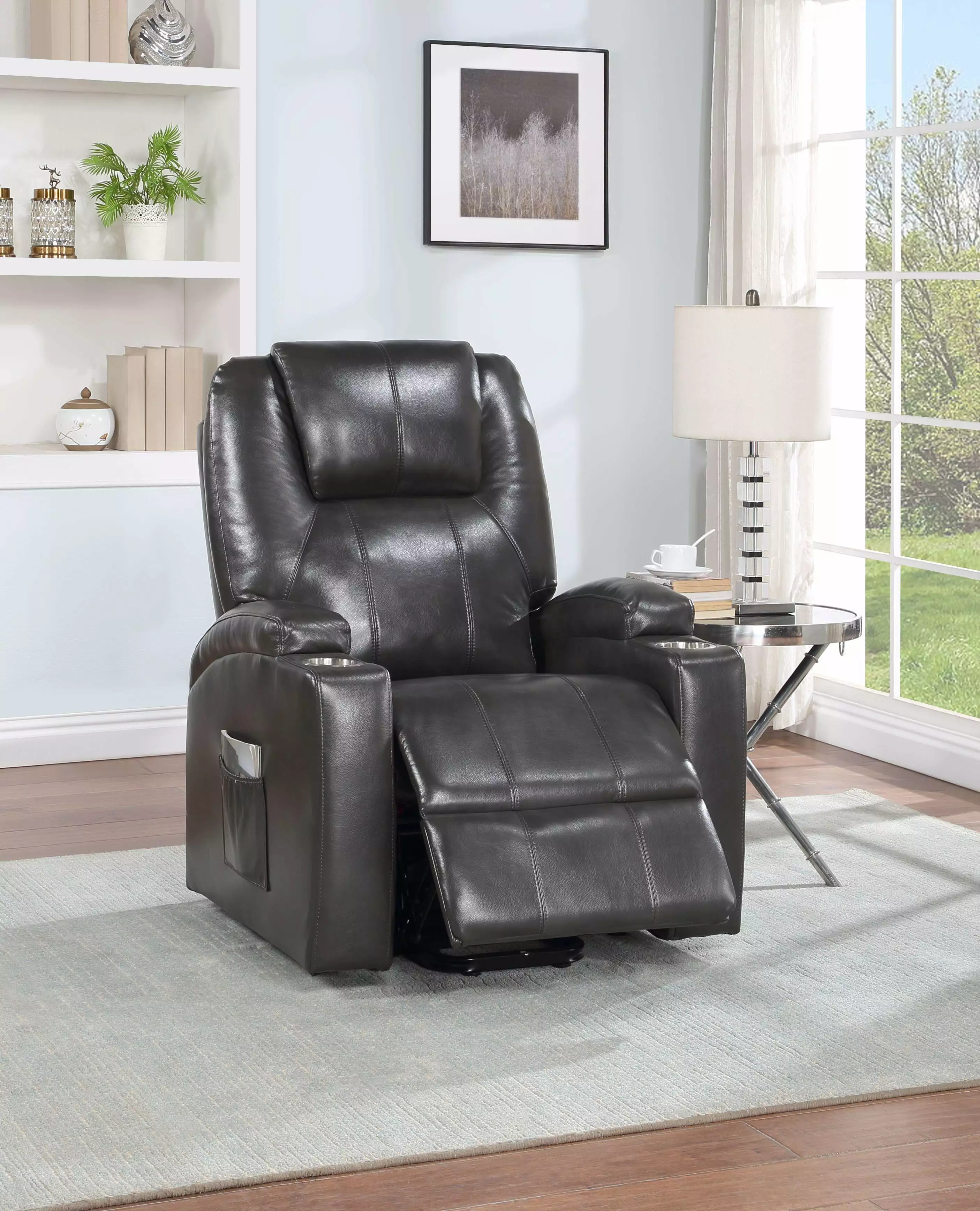 Acme Evander Power Lift Recliner Gunmetal Leather Aire Technology Acme Furniture
