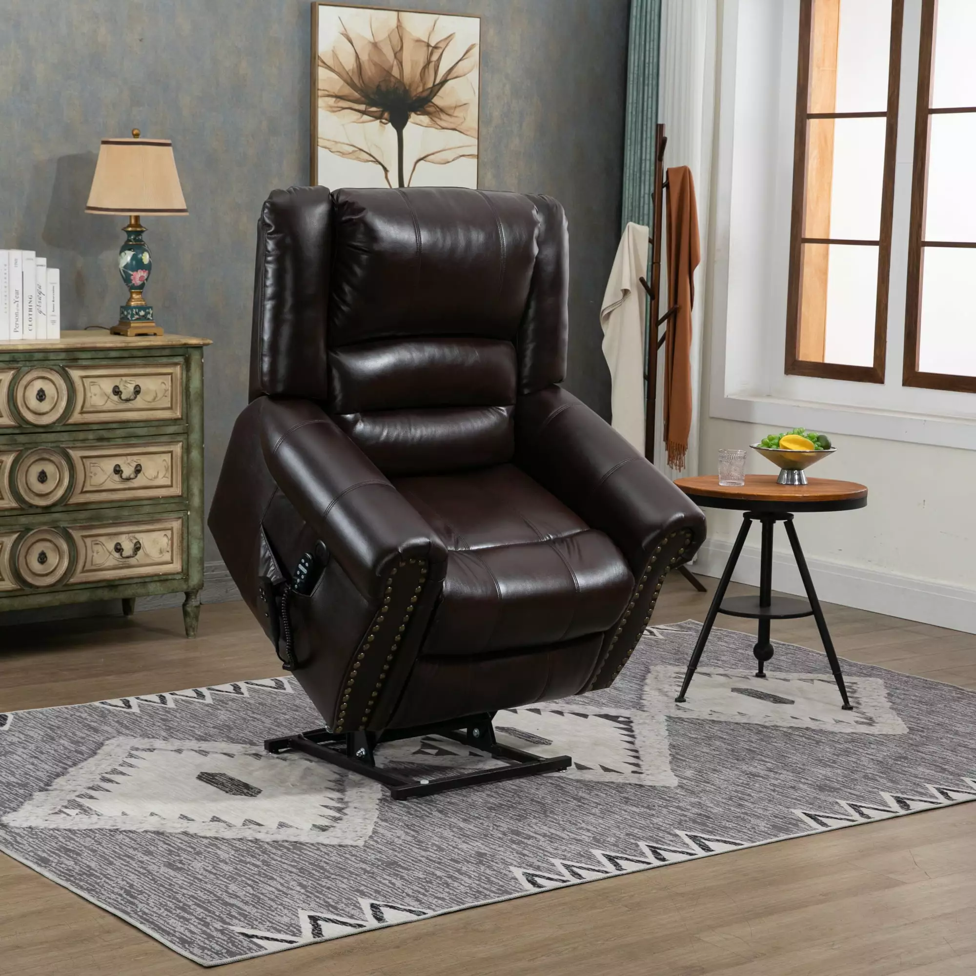 Power Lift Recliner Chair Heat Massage Dual Motor Infinite Positions and USB Ports Faux Leather Brown ANTFURN