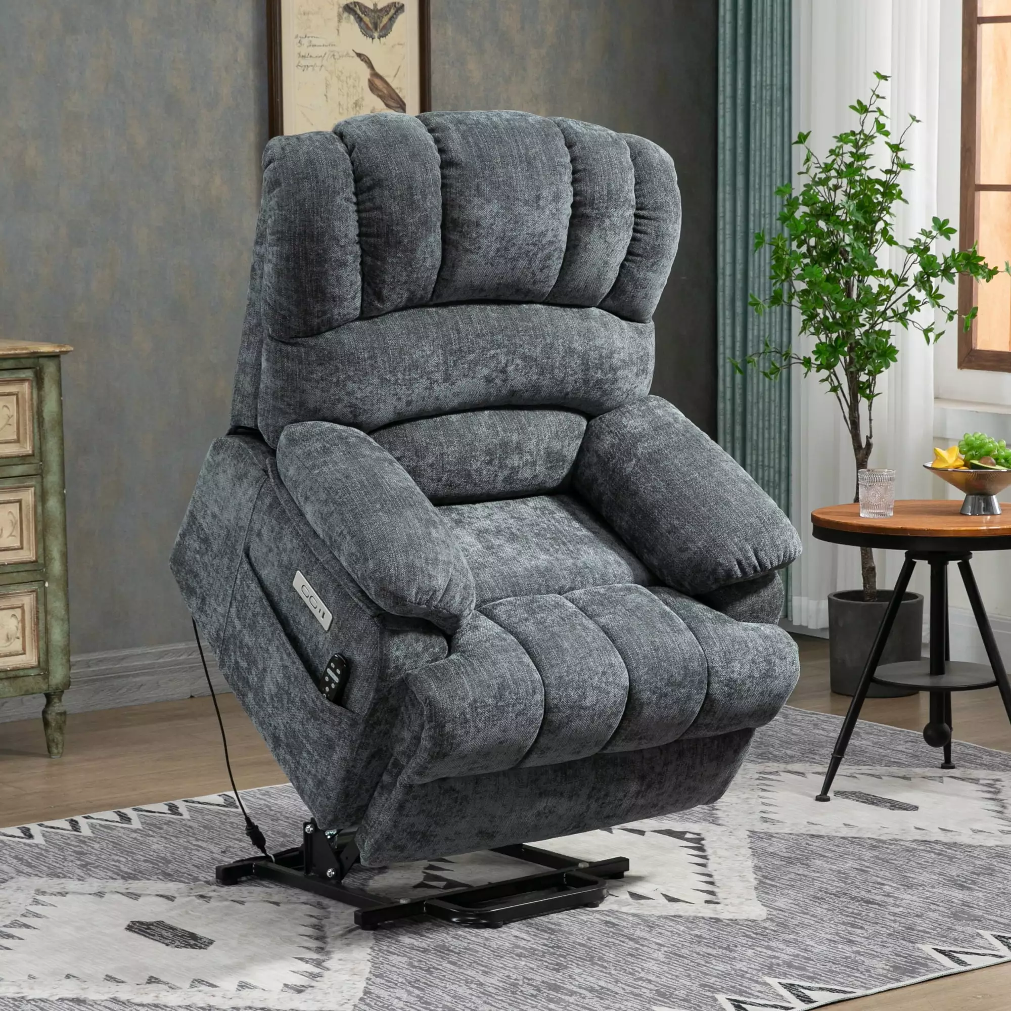 23 Seat Width High Back Medium Size Blue Chenille Power Lift Recliner 8-Point Vibration Massage and Lumbar Heating ANTFURN