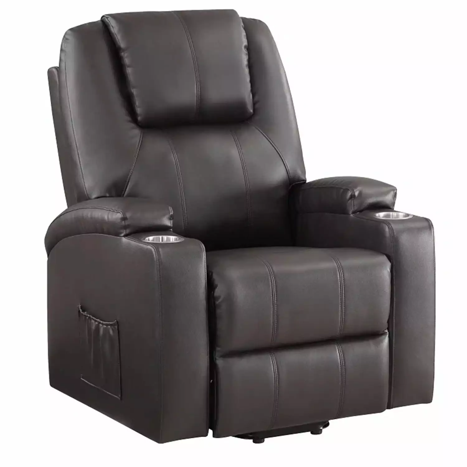 Benjara Evans 37 Inch Power Lift Recliner Chair 2 Cupholders Brown Faux Leather