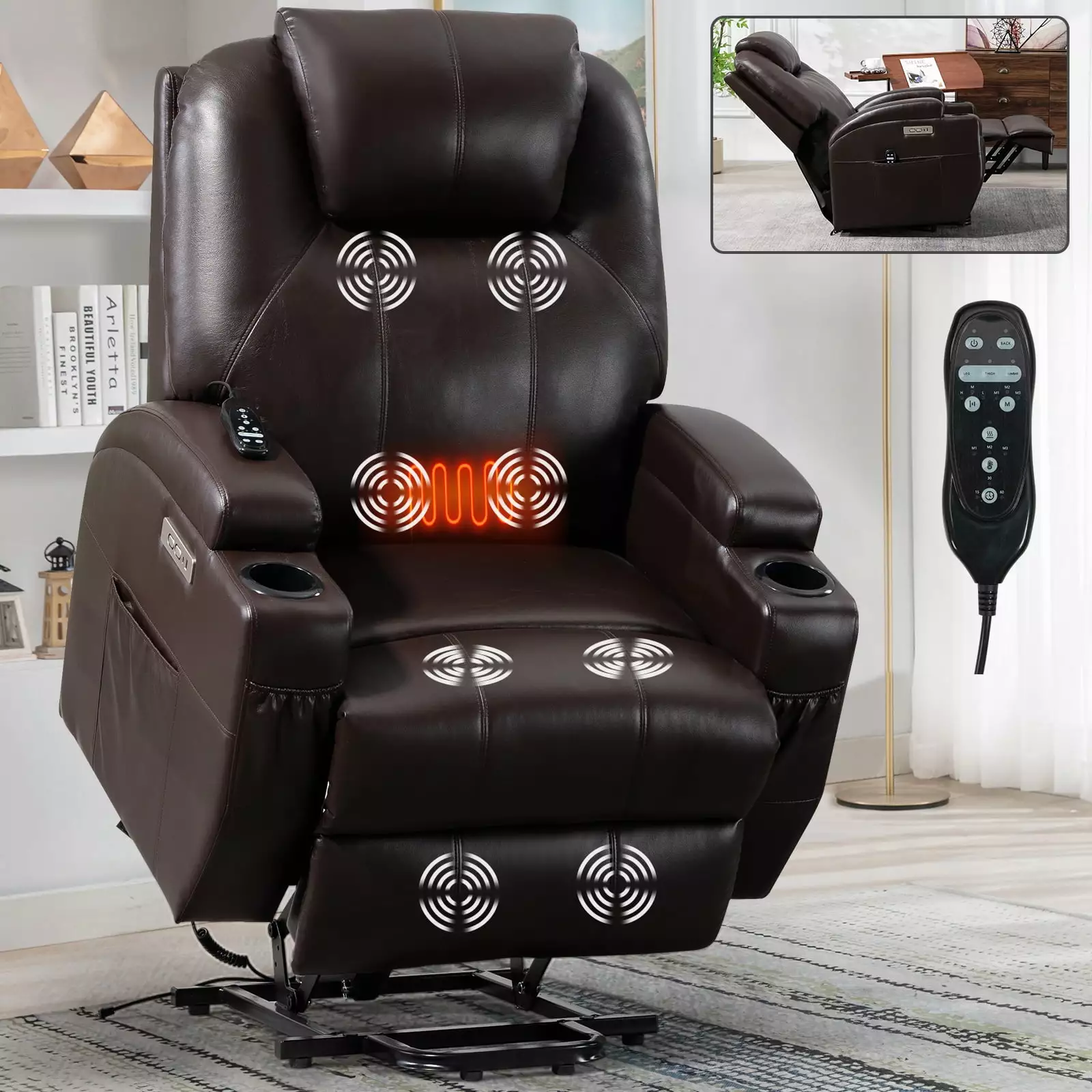 CoSoTower Power Lift Recliner Chair Elderly 8-Point Massage and Lumbar Heating Up to 350LBS Brown