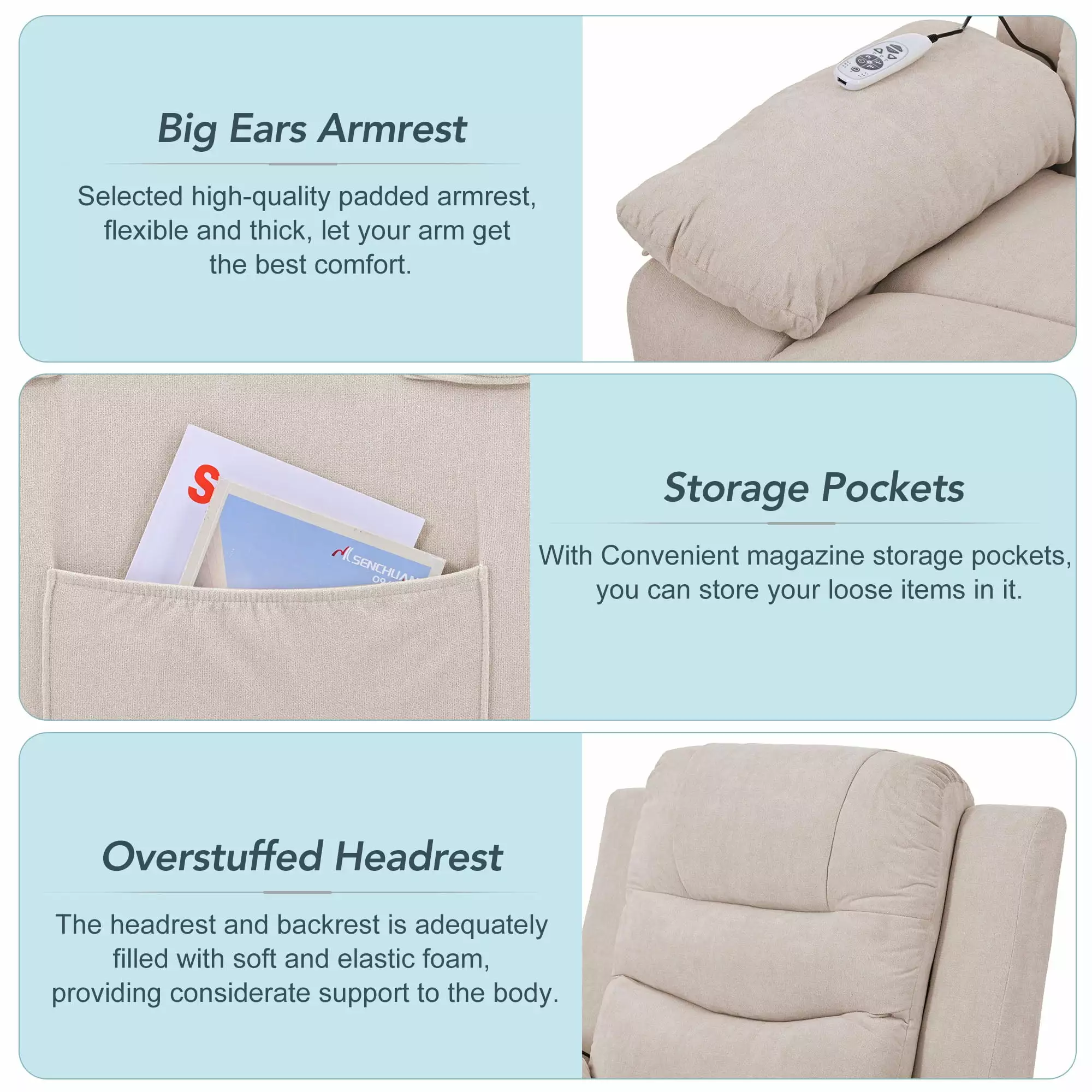 Power Lift Massage Recliner Chair Heating Function Infinite Position Side Pocket Elderly Living Room Beige Finlon