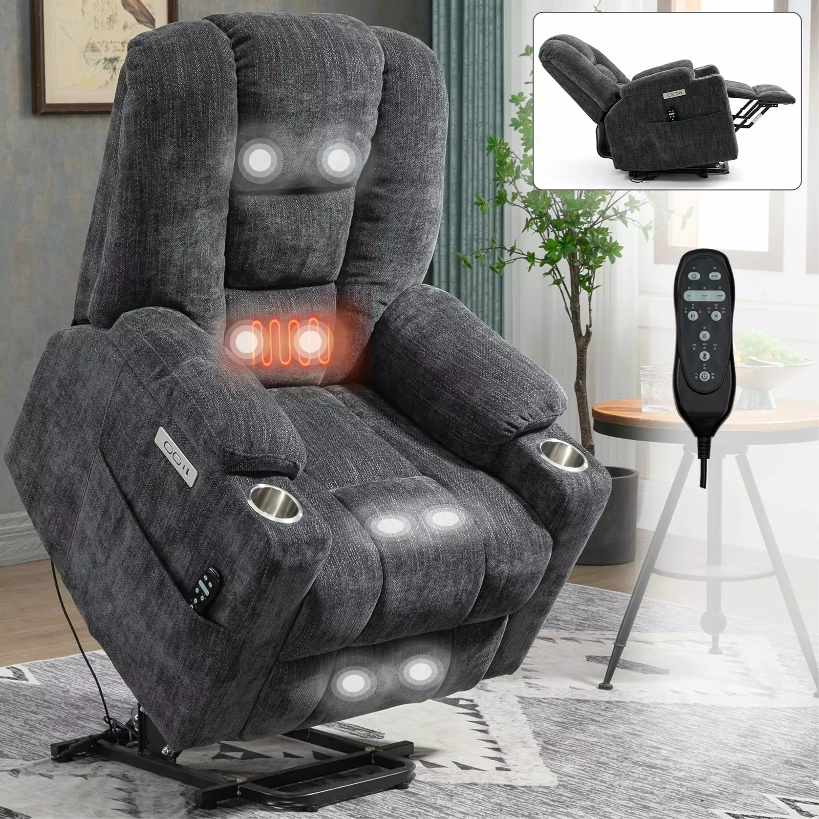 Rico Large Power Lift Recliner Chair Heat and Massage Gray Go Green Woods