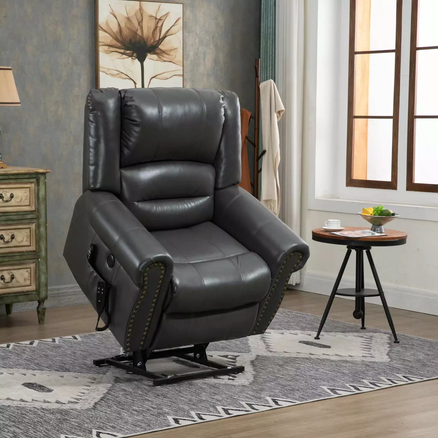 Grey Faux Leather Power Lift Recliner Chair Heat and Massage - Dual Motor Heavy Duty HATNOKIL
