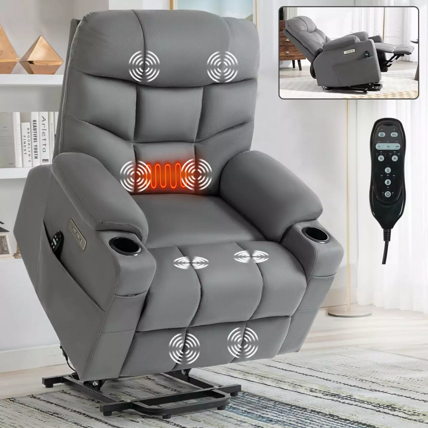 Grey Okin Motor Power Lift Recliner Chair Heavy Duty Vibration Massage Lumbar Heating Cup Holders USB Type-C Ports Removab...