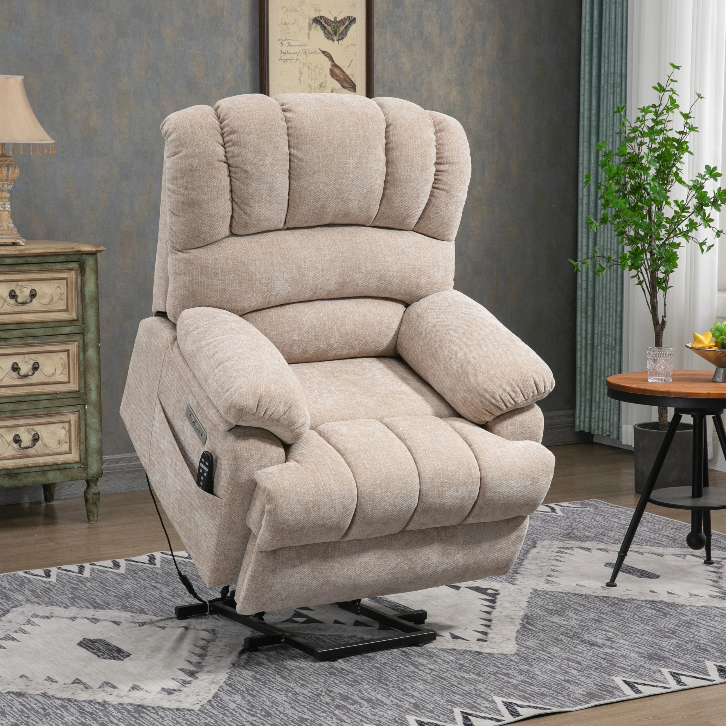 23 Seat Width High Back Large Size Beige Chenille Power Lift Recliner Chair Massage and Heating Miekor